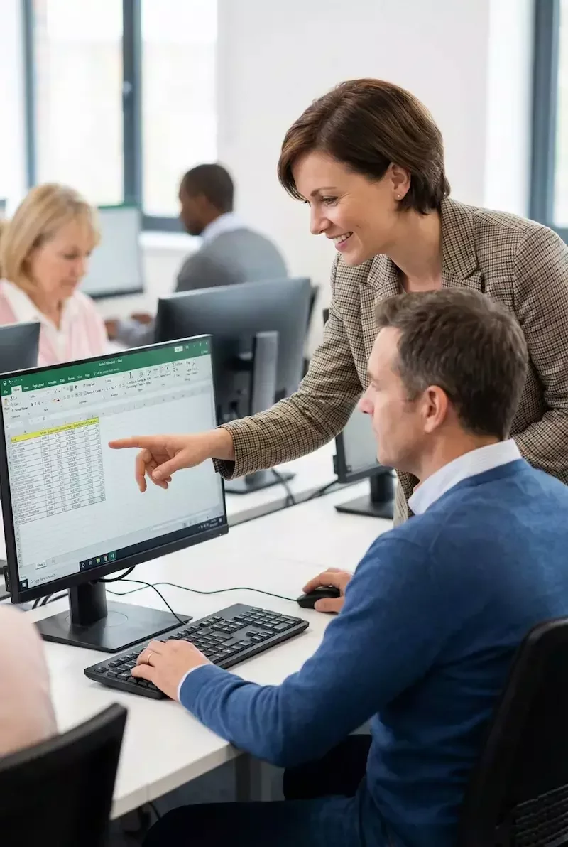 Profesora ayudando a alumno en curso de Excel presencial en Santiago