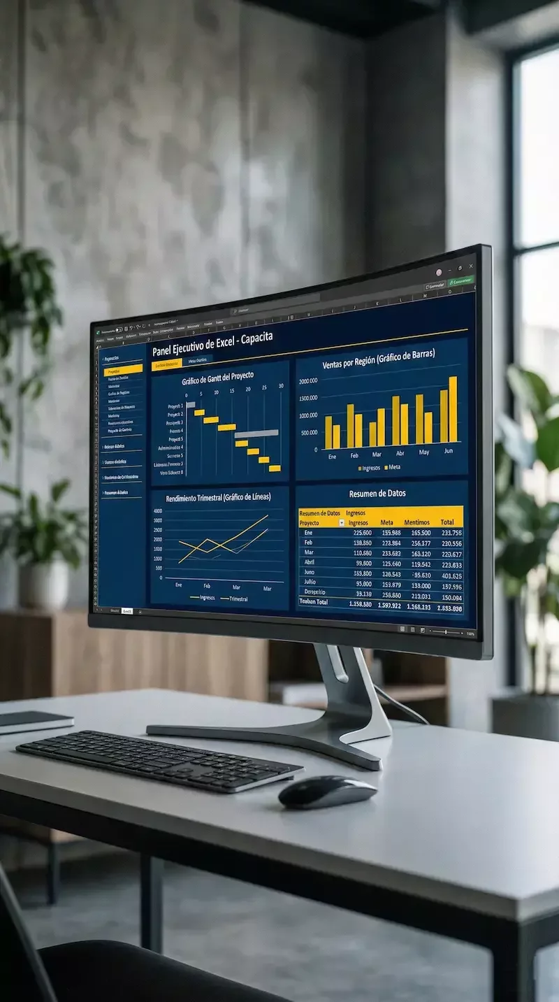 Pantalla de Excel con tablas dinámicas y gráficos en curso de Excel